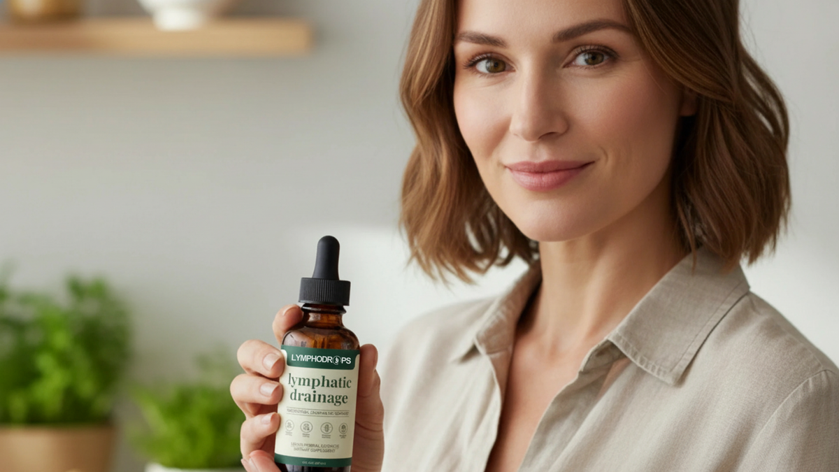 Femme tenant les Gouttes de drainage lymphatique Lymphodrops
